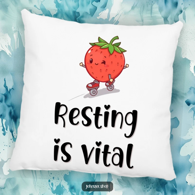 Funny plump strawberry in roller skates, wobbling downhill, designed on a soft decorative pillow.