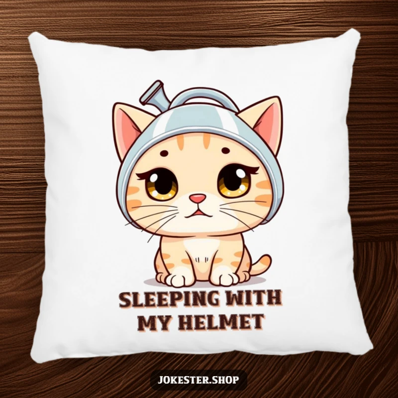 Funny cat pillow featuring a bewildered cat with wide eyes, wearing a watering can as a helmet, perfect for cozying up.