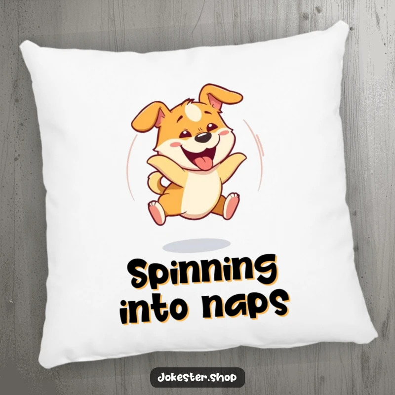 Funny dog captured mid-spin, comically chasing its tail with a huge goofy grin, featured on a decorative pillow.
