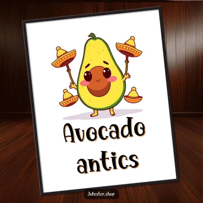 Funny digital art print of a determined avocado character humorously juggling three miniature sombreros, perfect for vibrant, festive decor.