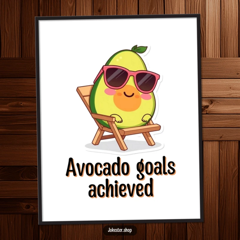 Funny digital art print of a smiling avocado wearing sunglasses, lounging on a tiny beach chair.