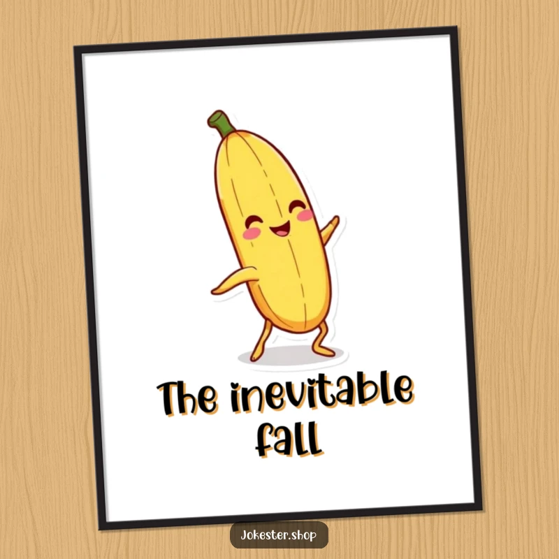 Funny banana peel with legs slipping on itself, printable digital art, classic comedy decor.
