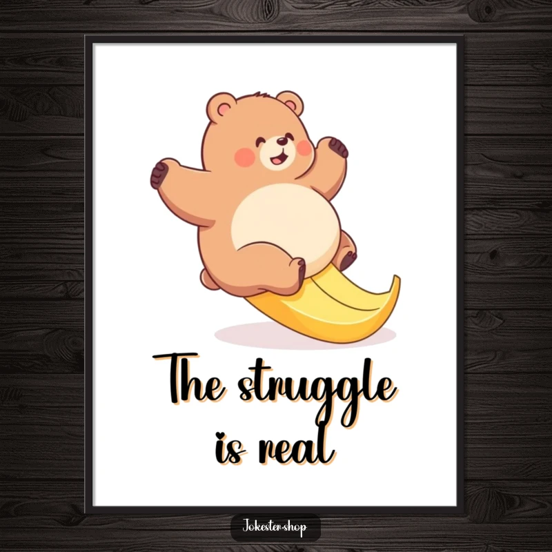 Funny digital art print of a plump bear hilariously attempting to climb a slippery banana peel, bringing cartoon humor.
