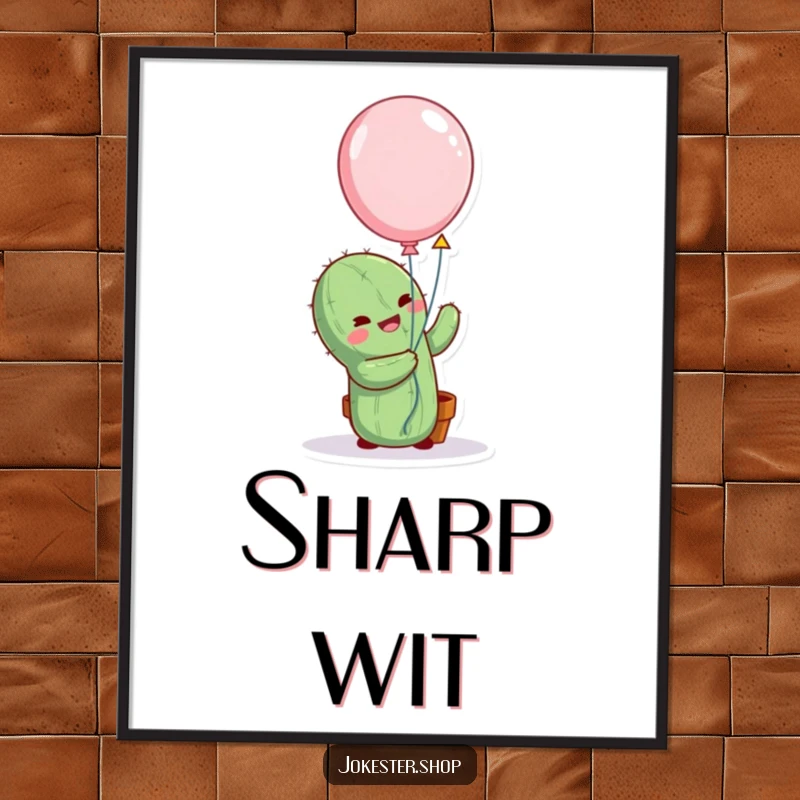 Funny cactus character comically trying to hug a balloon, as downloadable digital art, bringing instant humor and personality to any room.