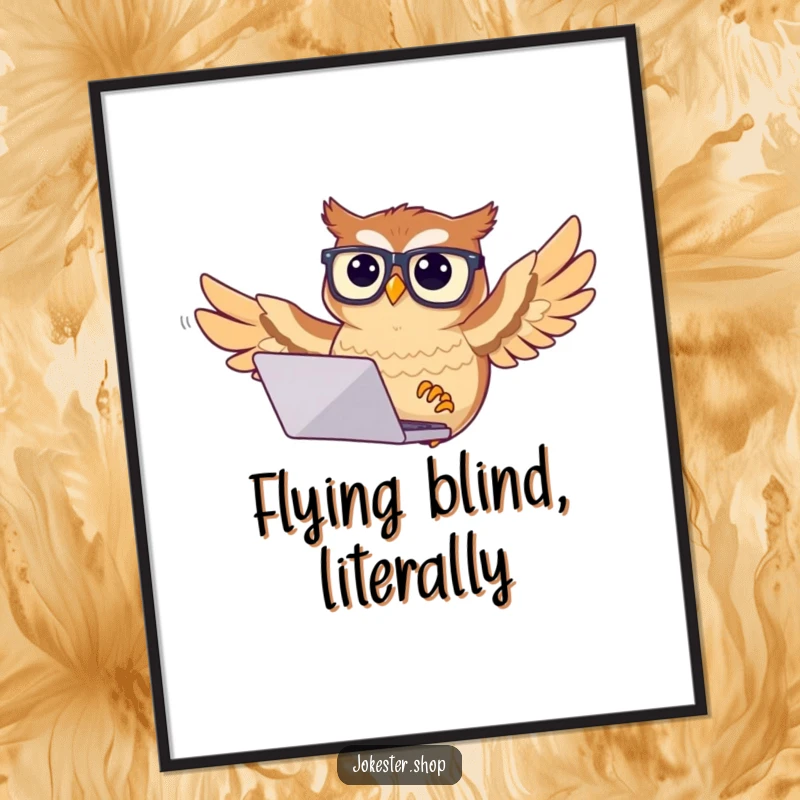 Funny confused owl digital art print of an owl with glasses trying to fly with a laptop, perfect for tech lovers.