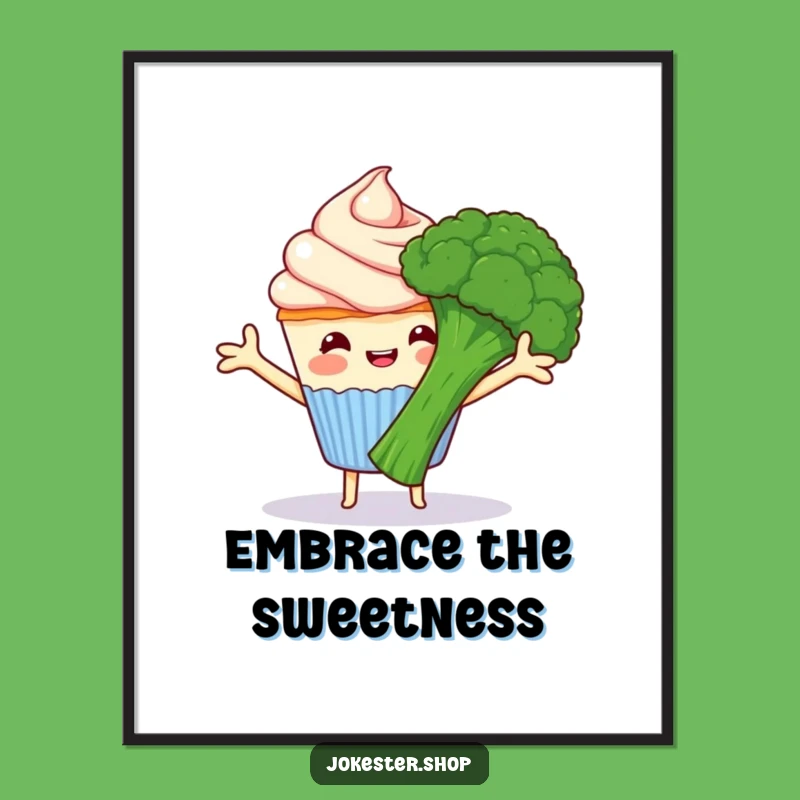 Funny Cupcake Hugs Broccoli Digital Art - Instant Cartoon Charm Gift!