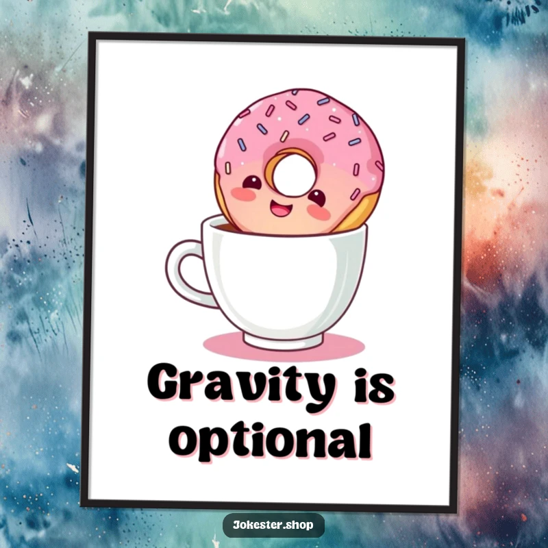 Funny digital art print of a giggling donut with sprinkles floating upside down in a coffee cup.