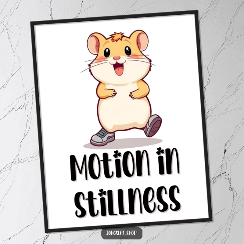 Funny hamster in tiny running shoes, comically sprinting in place, presented as a high-resolution digital art print for instant humor.