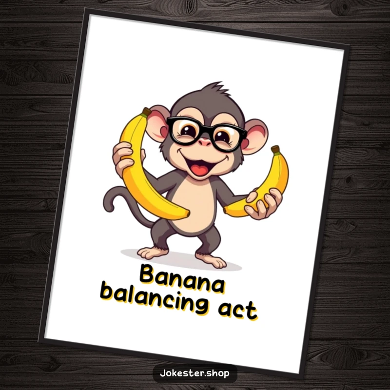 Funny digital art print of a mischievous monkey in glasses, juggling oversized bananas, perfect for whimsical and humorous wall decor.
