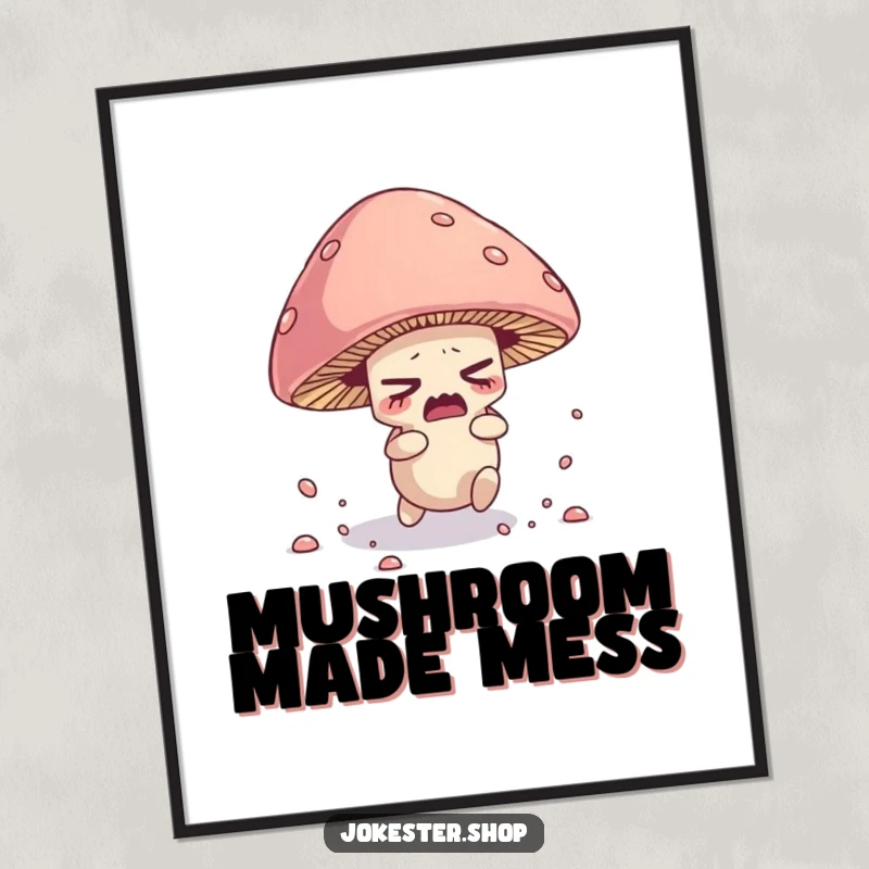 Funny digital art print of a nervous mushroom character tripping over its cap, scattering spores.