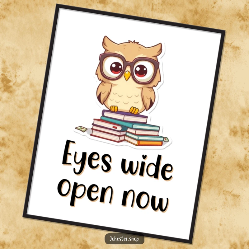 Funny owl character, comically flustered by a cascade of books, wearing large glasses. An easily printable and funny digital art piece.