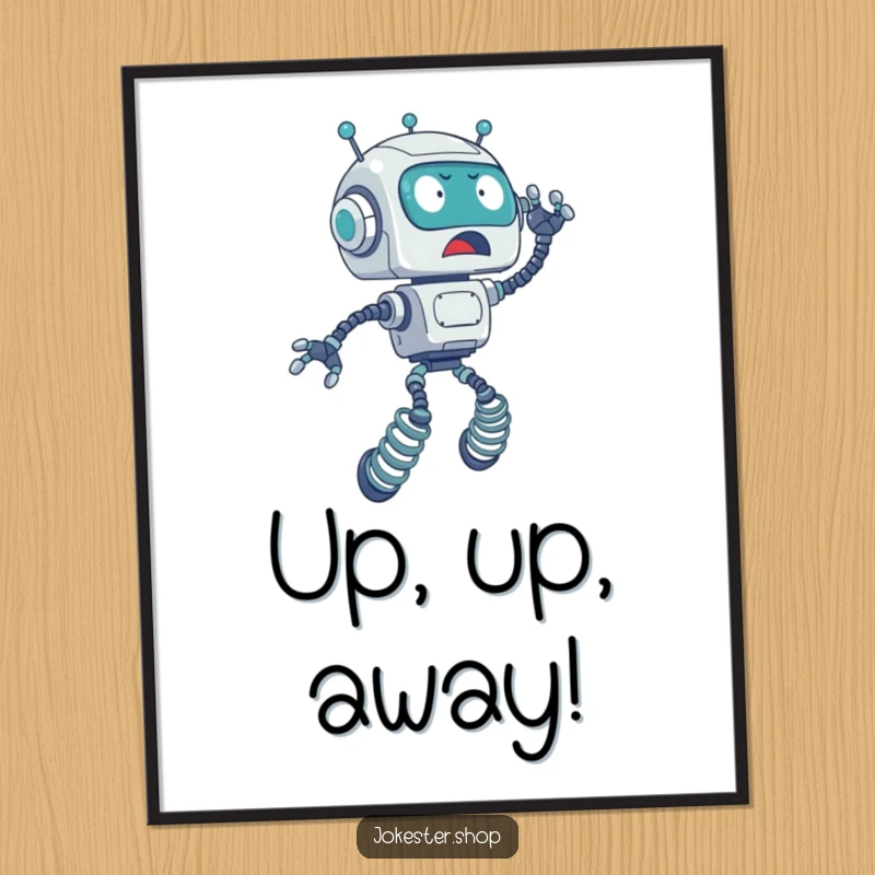 Funny digital art print of a surprised robot on spring legs accidentally launching upwards, perfect for humorous tech wall decor.