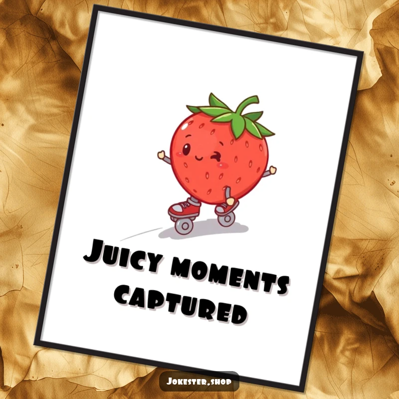 Funny plump strawberry wearing roller skates, wobbling down a hill, as downloadable wall art.