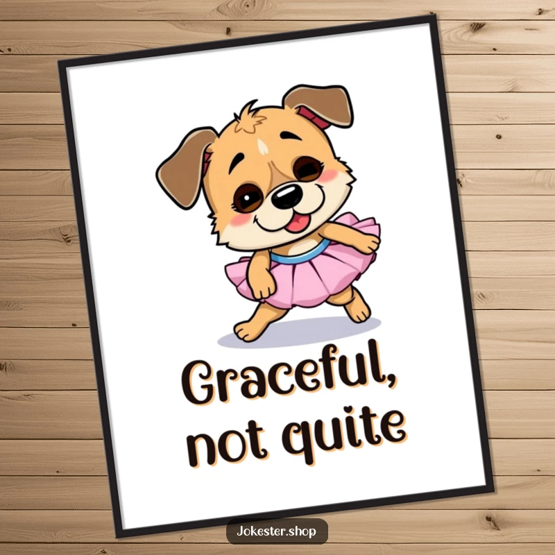 Funny dog digital art, printable, showing a goofy dog in a tutu comically tripping over its feet, full of silly charm.