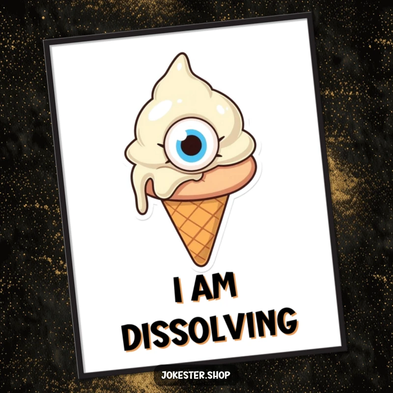 Funny melting ice cream cone with one giant eye, looking confused, high-resolution digital art of a quirky cartoon, ideal for a funny gift.