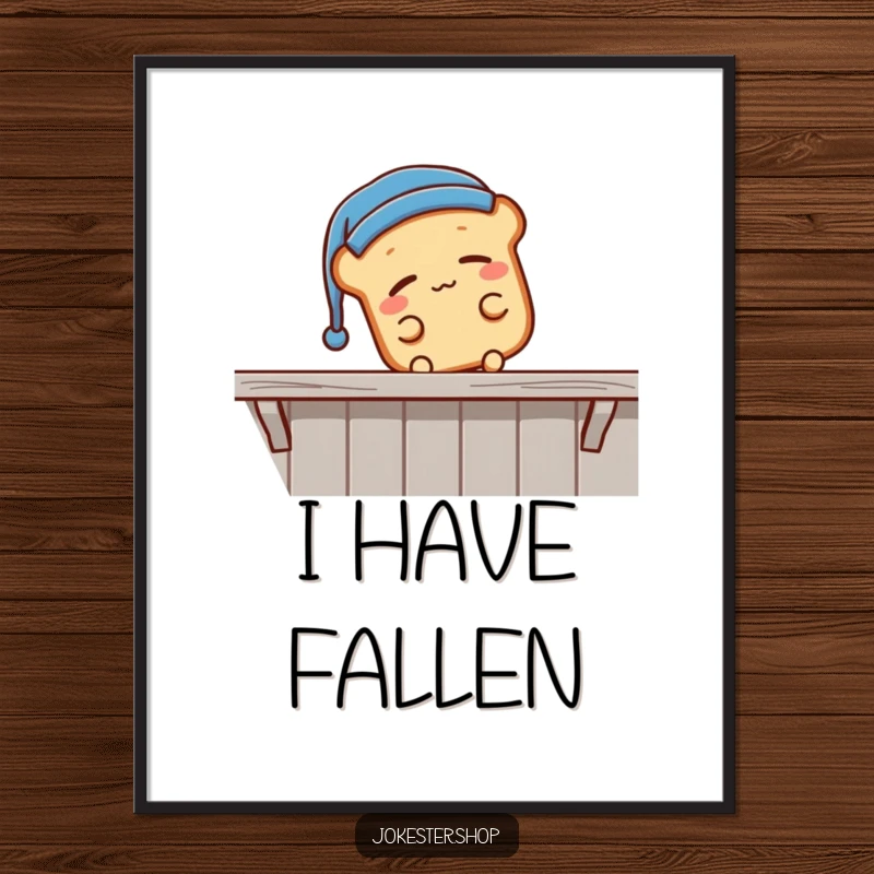 Funny sleepy bread loaf wearing a nightcap, falling off a shelf, high-resolution digital art of a comical sleeping character, ideal for a funny gift.