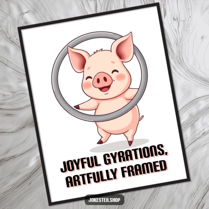 Funny digital art print of a happy pig energetically hula hooping with an oversized ring, a comical and joyful scene.