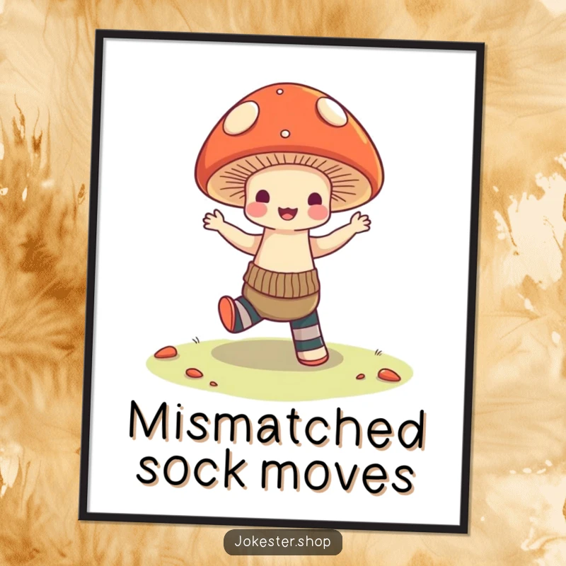 Funny Digital Art Print: A mushroom with mismatched socks captured in a hilarious, energetic dance, bringing vibrant humor and personality to any wall space.