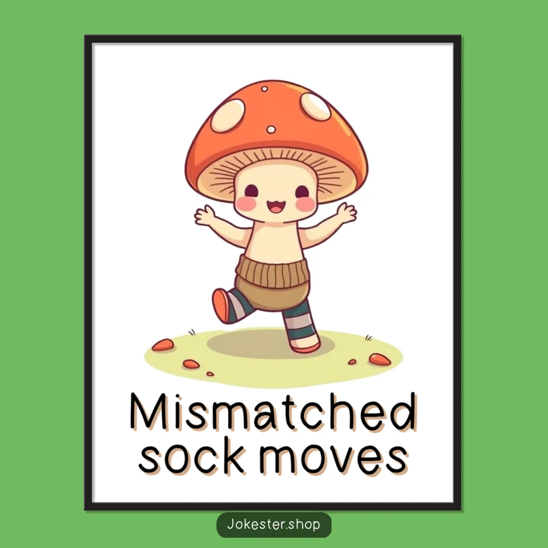 Funny Mushroom Dance Digital Art: Mismatched Socks Wall Decor, Hilarious Gift Print!