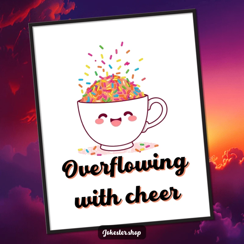 Funny digital art print of a teacup overflowing with colorful, dancing sprinkles, a whimsical and sweet artwork.