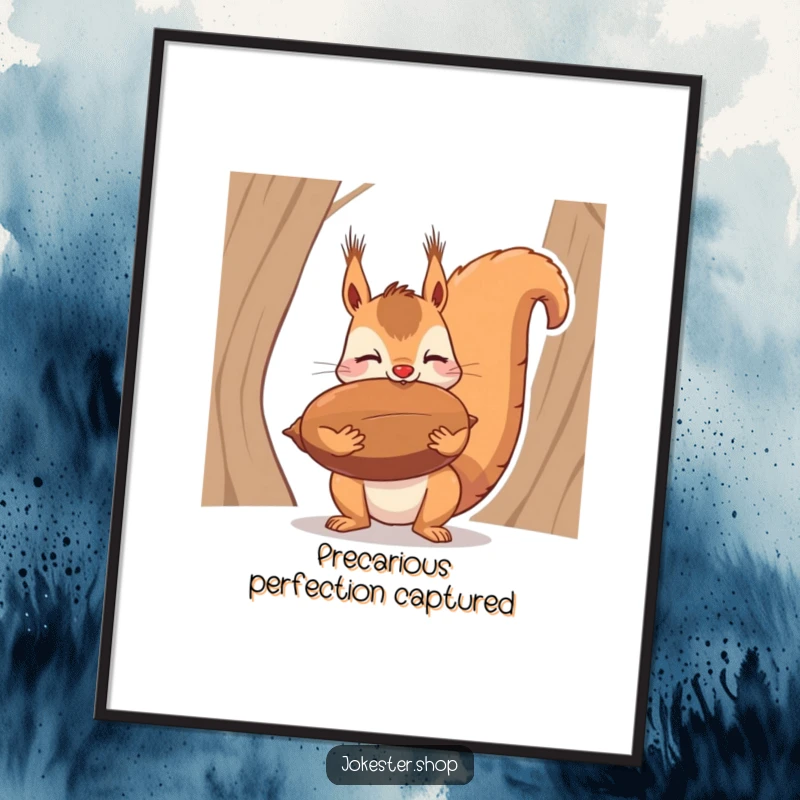 Funny digital art print of a squirrel struggling to balance a large nut on its nose, a comical and determined scene.