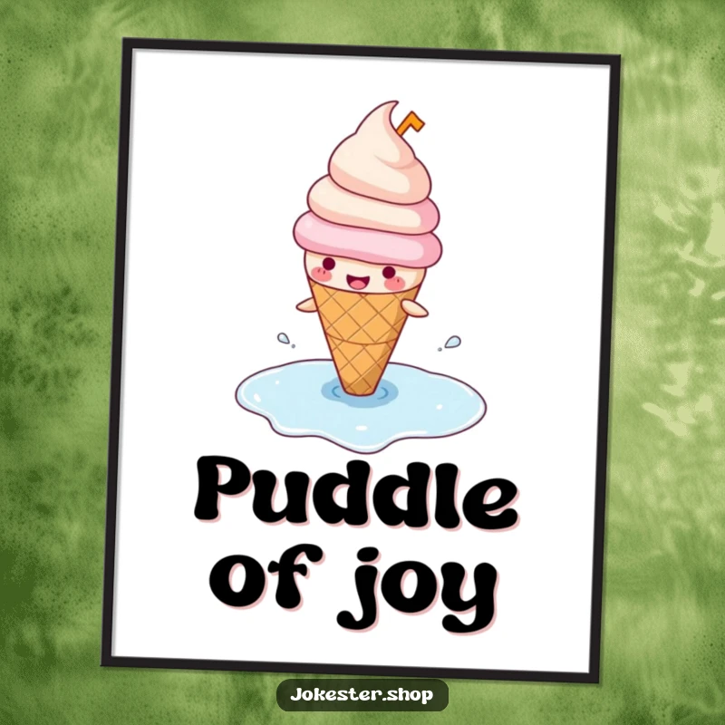 Funny digital art print of a happy ice cream cone with a tiny hat, comically slipping on its own puddle, perfect for sweet wall decor.