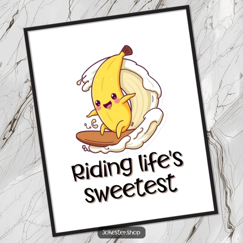 Funny digital art print of a happy banana character attempting to surf a cresting wave of cream.