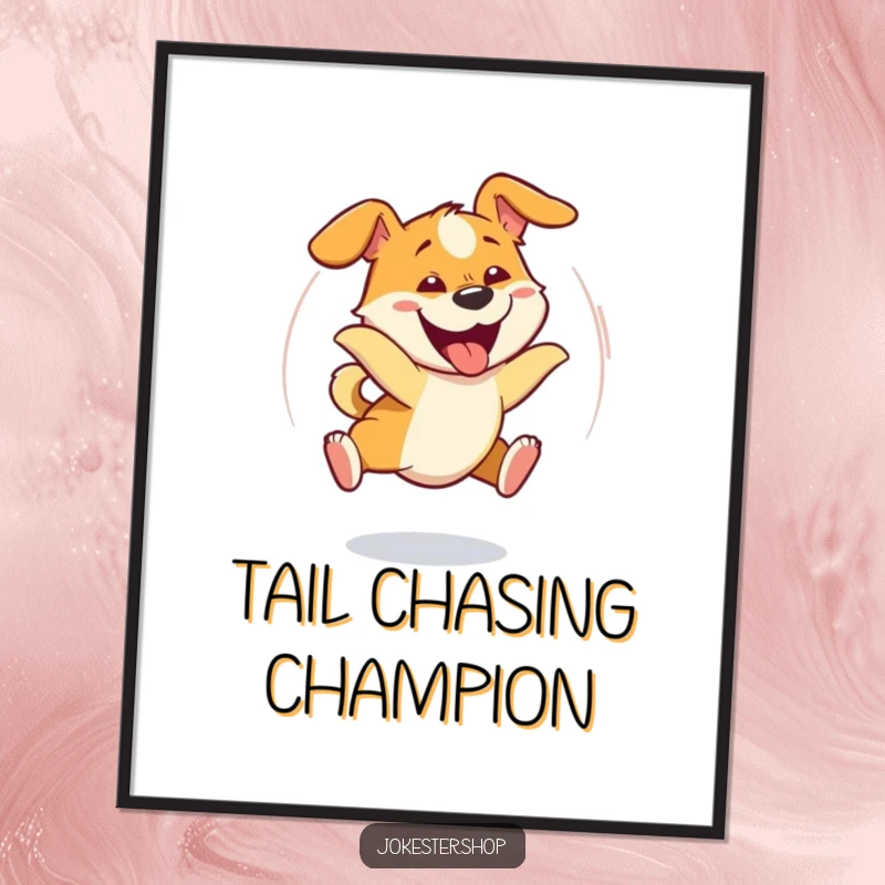 Funny dog spinning in circles, comically chasing its tail with a wide goofy grin, ideal for digital art prints.