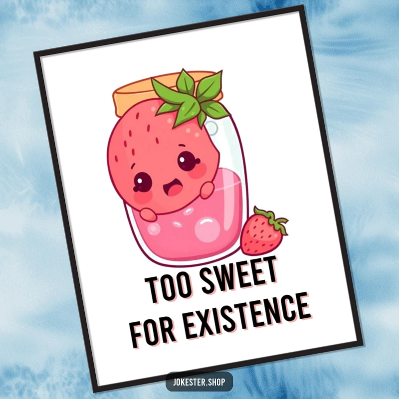 Funny cheerful strawberry stuck in a jam jar, looking surprised, high-resolution digital art of a comical fruit character, ideal for a funny gift.