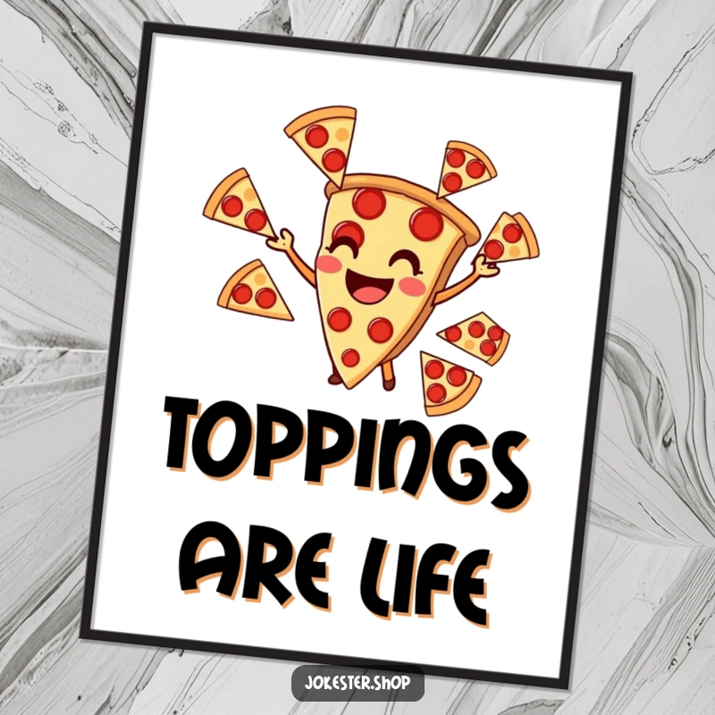 Funny digital art print of a smiling pizza slice juggling pepperoni slices, a whimsical culinary artwork.