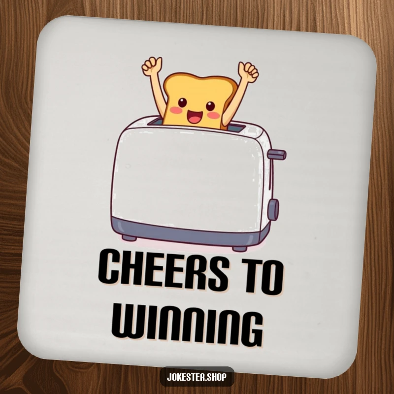 Funny cheerful toast jumping from a toaster with arms raised in triumph on a protective drink coaster.