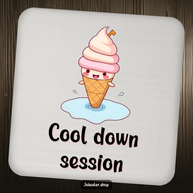 Funny drink coaster depicting a happy ice cream cone in a hat, comically slipping on its melted puddle, adding a touch of sweet humor.