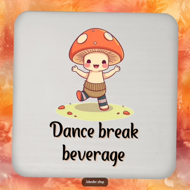Funny Drink Coaster: A mushroom in a dynamic dance pose, wearing mismatched socks, serving as a humorous and functional piece to protect surfaces.