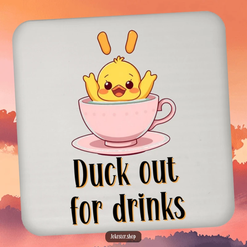 Funny Drink Coaster: A surprised rubber ducky floating upside down in a teacup, offering a humorous and functional piece to protect surfaces.
