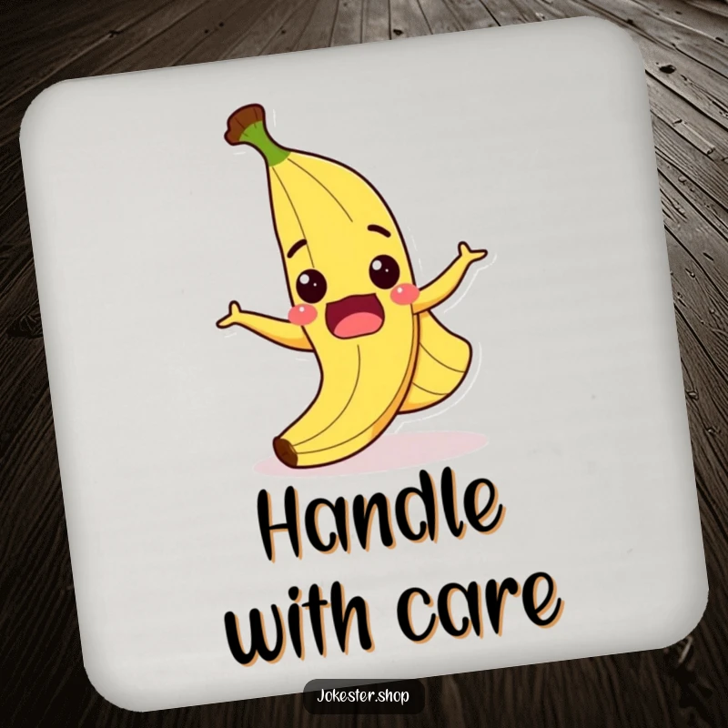 Funny drink coasters showcasing a surprised cartoon banana peel slipping comically, wide grin, protecting surfaces with humor.