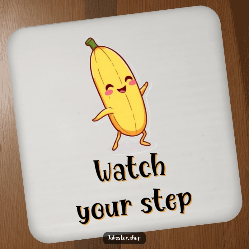 Funny banana peel with legs hilariously slipping on itself on a drink coaster, a fun funny gift.
