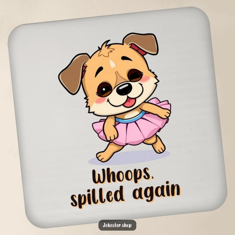 Funny dog coasters, set of four, each showing a dog in a tutu comically tripping, adding a touch of silly fun.