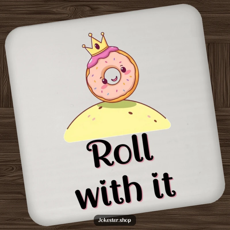 Funny drink coasters depicting a cheerful donut wearing a tiny crown rolling down a hill, adding a humorous and protective touch to tabletops.