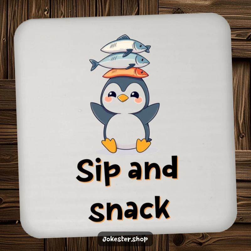 Funny drink coaster showing a cheerful penguin character balancing a stack of fish on its head, perfect for adding aquatic humor.