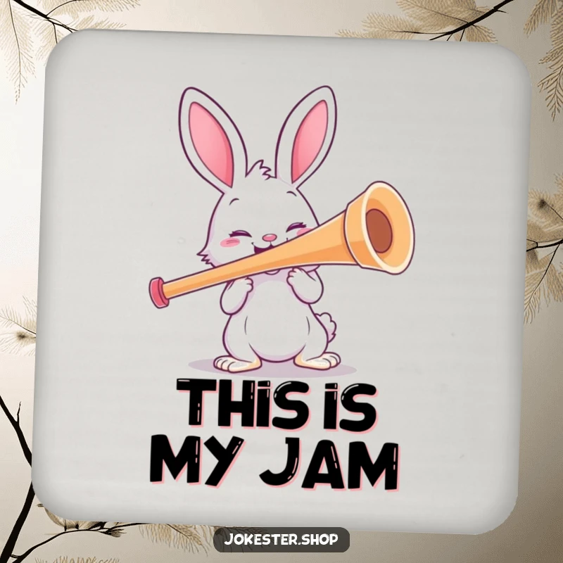 Funny rabbit character holding a large kazoo, ready to make some noise. A protective and funny drink coaster.