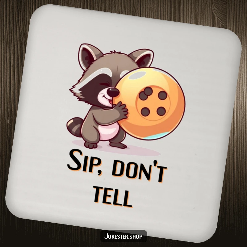 Funny raccoon coasters showing a mischievous raccoon attempting to steal a giant, shiny button, protecting surfaces with humor.