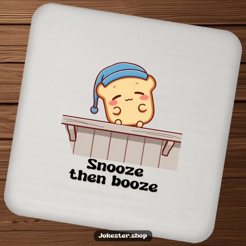 Funny sleepy bread loaf wearing a nightcap, falling off a shelf, a coaster featuring a comical sleeping cartoon, perfect for a funny gift.