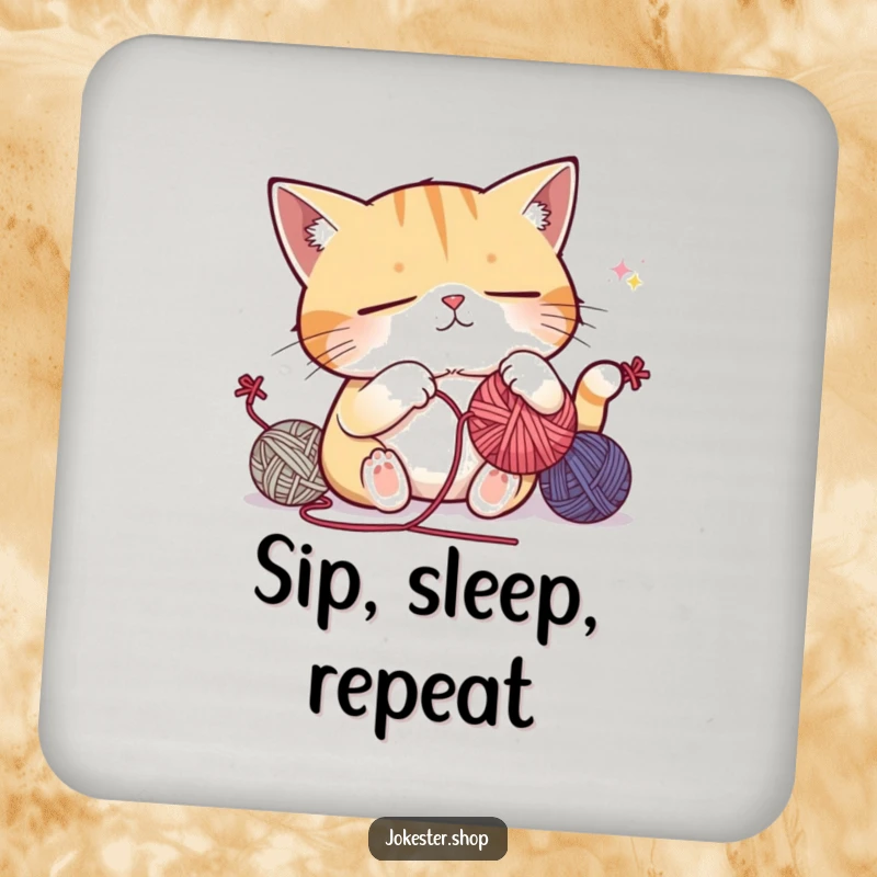 Funny coaster with a sleepy cat character attempting to juggle yarn balls, looking tired, adding humorous protection to tables.