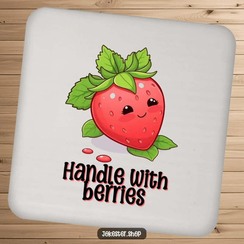 Funny Coaster featuring a blushing strawberry tripping over its leaves, protecting surfaces with cute humor.