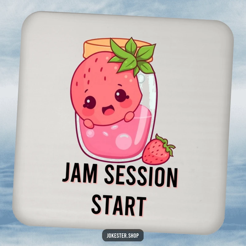 Funny cheerful strawberry stuck in a jam jar, looking surprised, a coaster featuring a comical fruit character, perfect for a funny gift.
