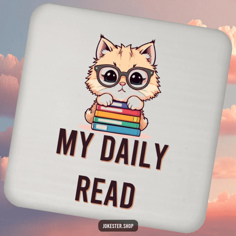 Funny drink coaster with a cat wearing spectacles trying to balance a tall stack of books, protecting surfaces.