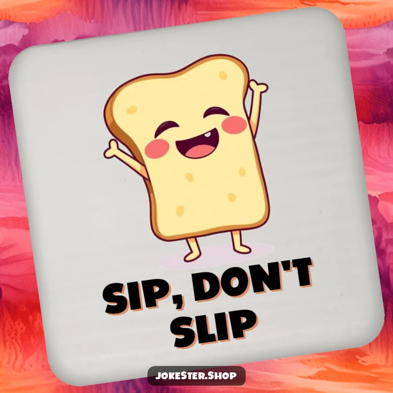 Funny drink coaster of a giggling toast slice wobbling during a handstand, adding breakfast cheer to your table.