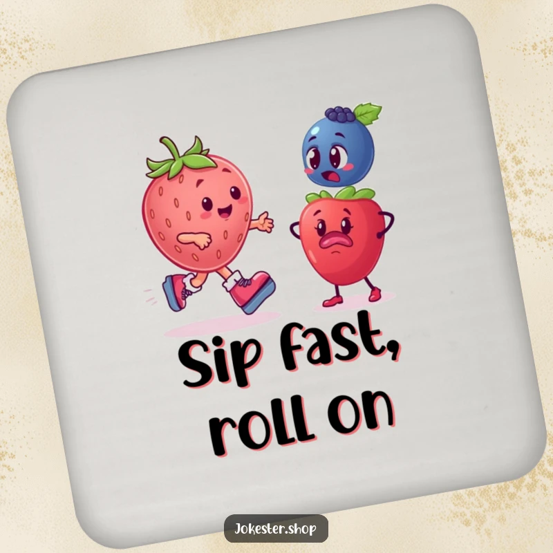 Funny Fruit Coaster: Depicts a plump strawberry on roller skates zooming past a bewildered blueberry, adding humor to your table.