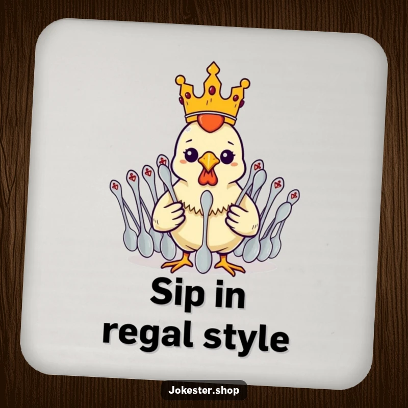 Funny rubber chicken wearing a crown, commanding spoons, on a humorous and quirky drink coaster.