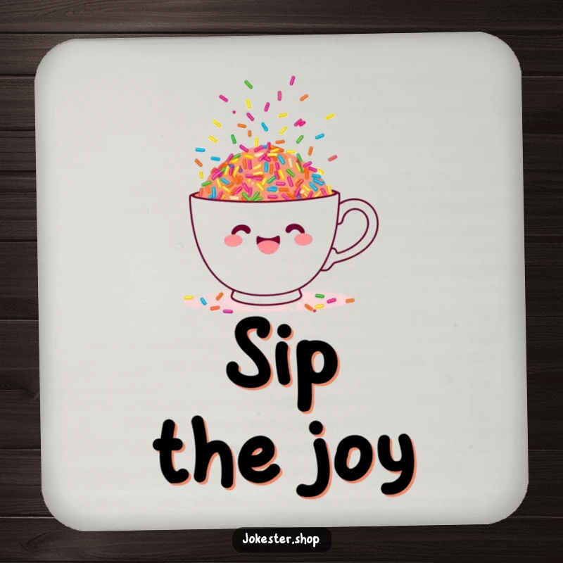 Funny drink coaster with a cheerful teacup overflowing with dancing sprinkles, protecting surfaces with sweetness.